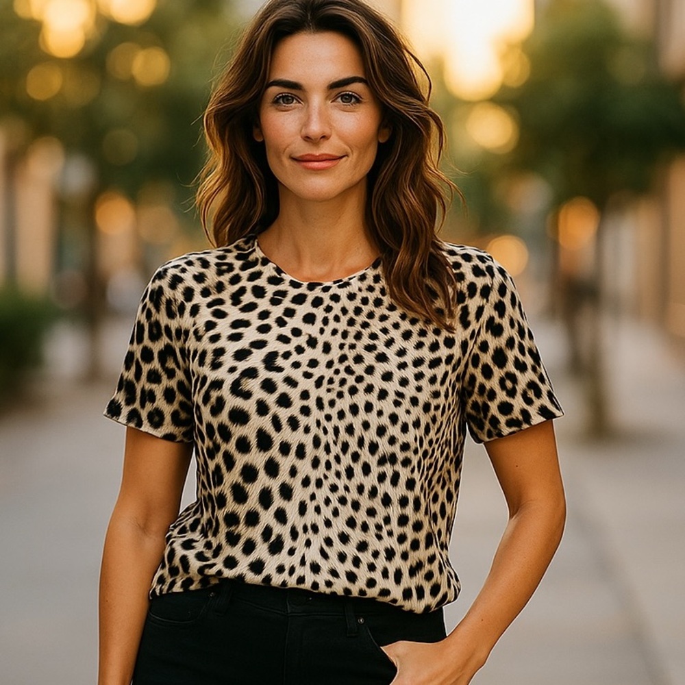 APT 9 Jaguar Cougar Spotted Blouse Dressy Shirt Top Cream Ivory Black Sz M